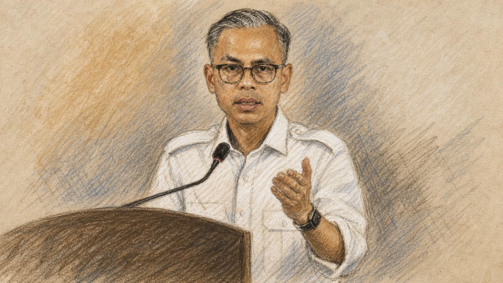 Courtroom-sketch editorial illustration of a Malaysian government spokesperson speaking at a press-conference lectern and gesturing beside a microphone, rendered in warm ochre and slate-blue pastel strokes.