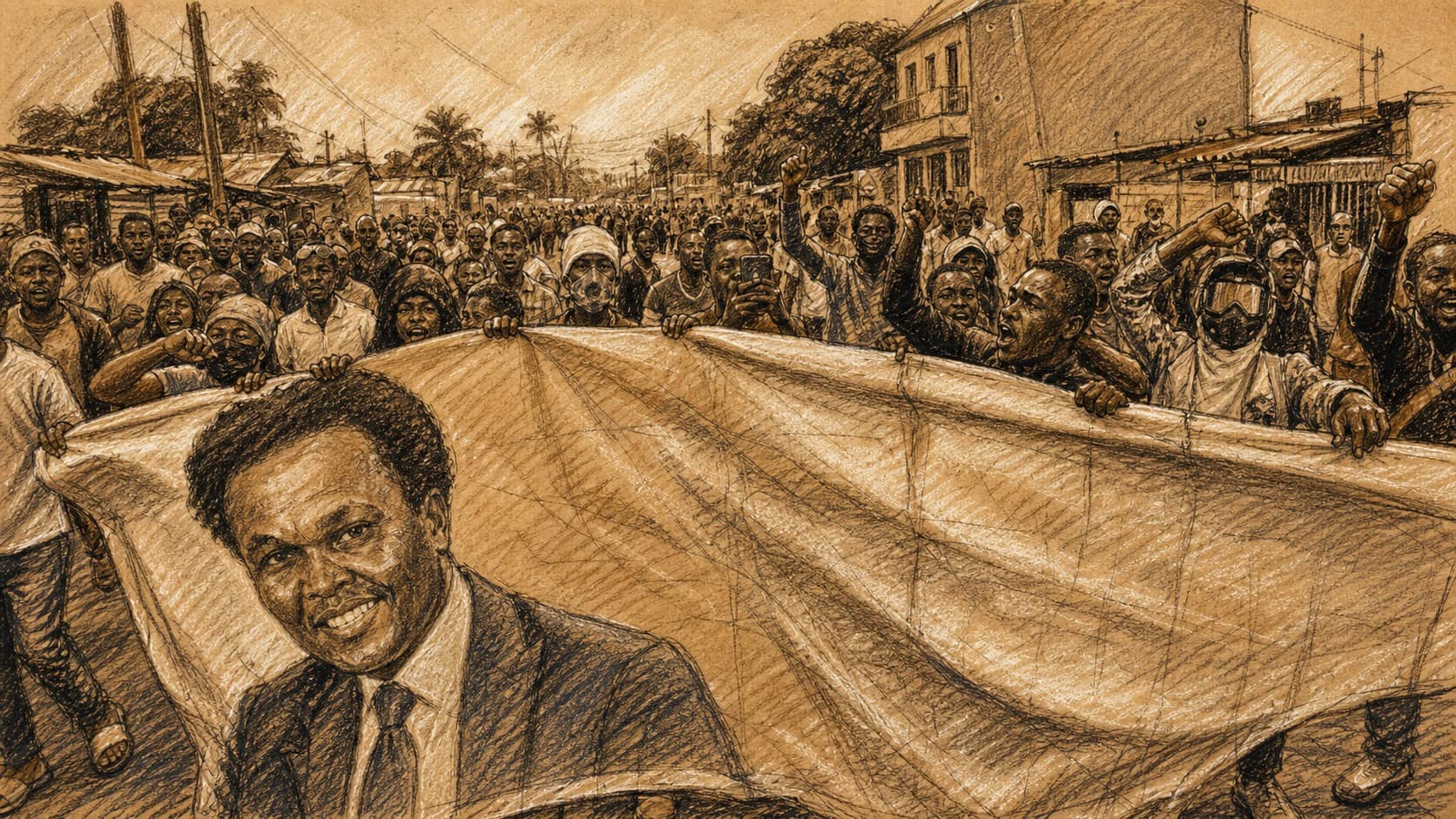 Courtroom-sketch editorial illustration of Mozambique opposition supporters marching with raised arms while holding a large portrait banner of Venâncio Mondlane, rendered in monochrome sepia and warm-ochre chalk strokes.