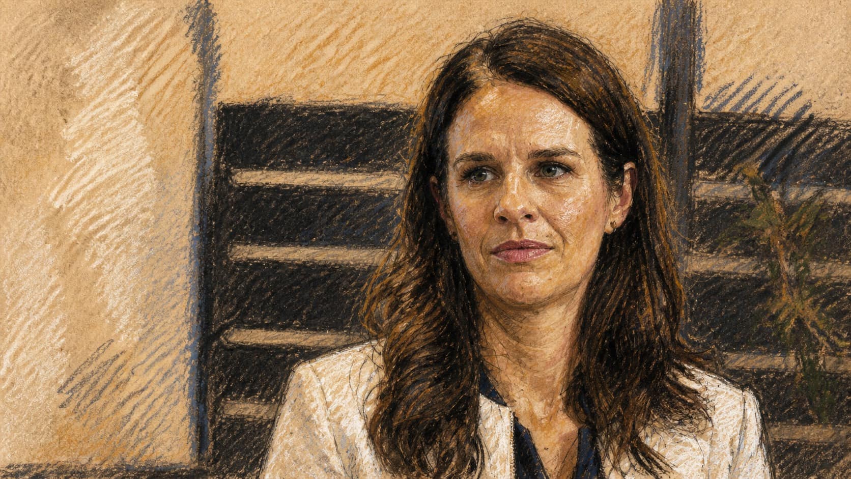 Courtroom-sketch editorial illustration of a dark-haired woman in a white blazer seated indoors against a softly blurred office backdrop, rendered in warm ochre and slate-blue pastel strokes.