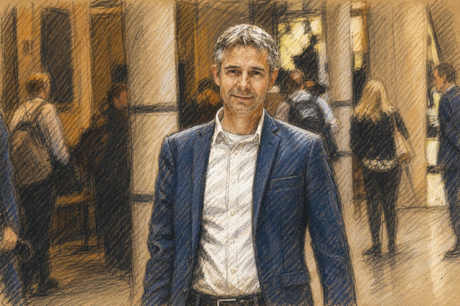Courtroom-sketch editorial illustration of a gray-haired man in a navy suit and white shirt standing in an indoor atrium with people and pale columns behind him, rendered in warm ochre and slate-blue pastel strokes.