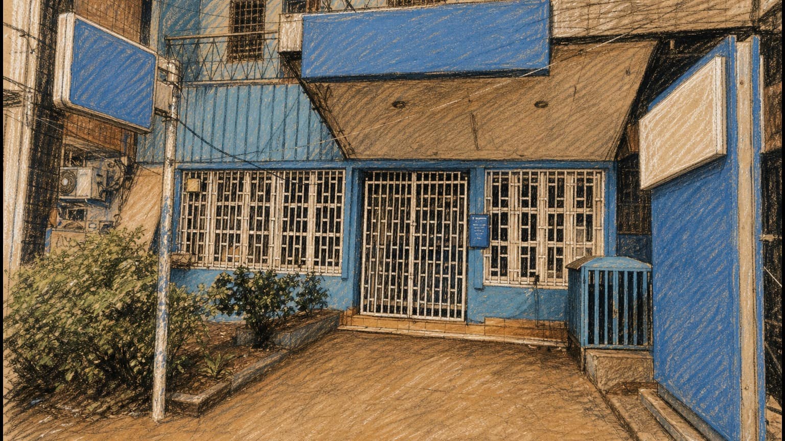 Courtroom-sketch editorial illustration of a small blue-fronted insurance branch in Bafoussam with a central barred entrance and low shrubs, rendered in warm ochre and slate-blue pastel strokes.