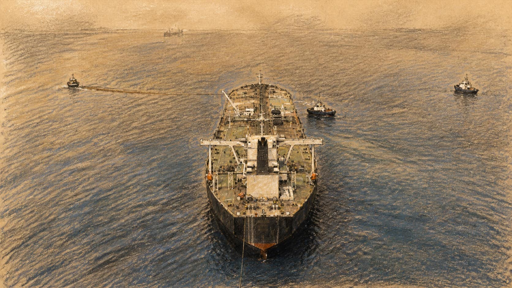 Courtroom-sketch editorial illustration of a large tanker viewed head-on from above in open water with four small support vessels around it, rendered in warm ochre and slate-blue pastel strokes.