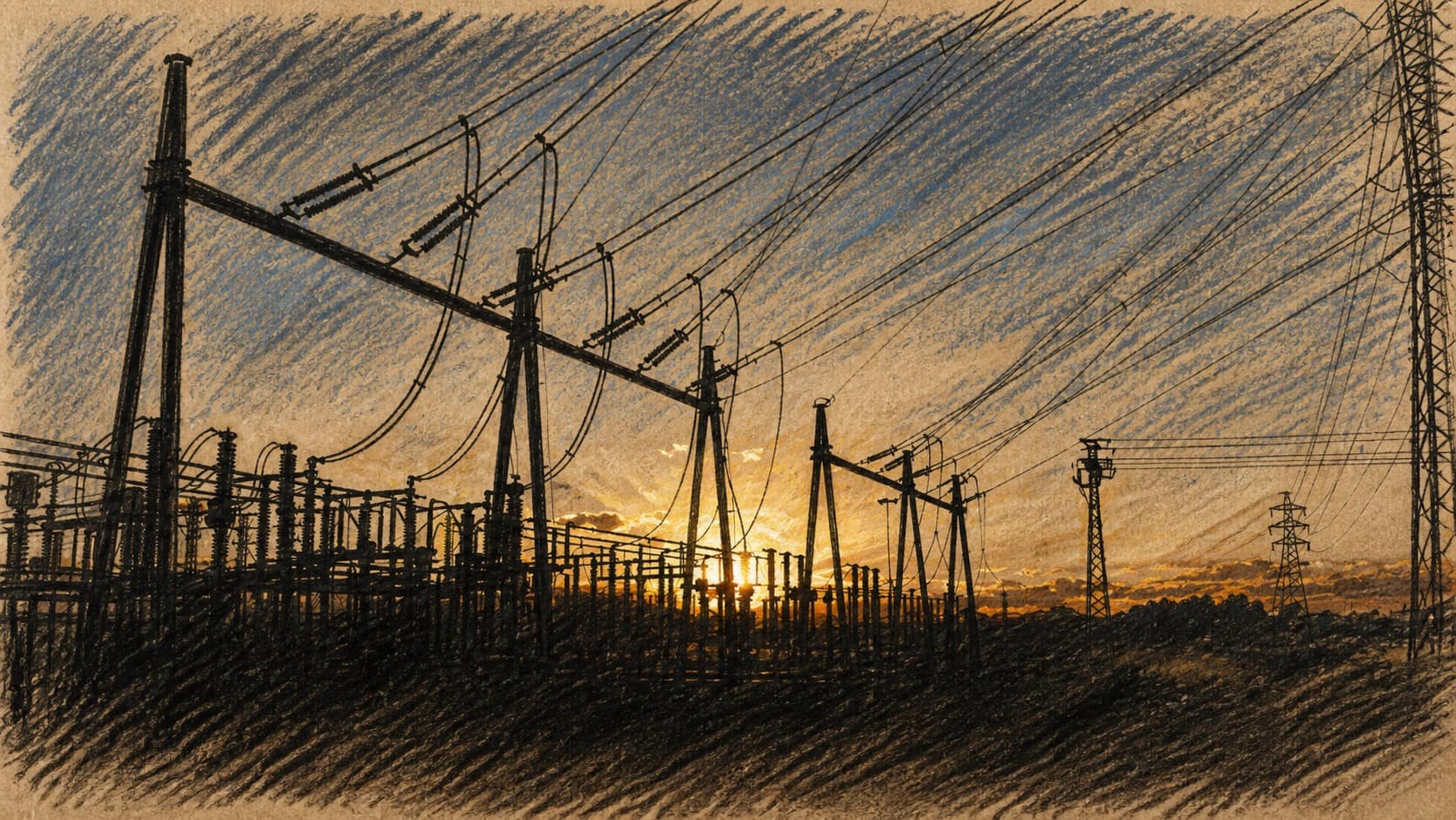 Courtroom-sketch editorial illustration of a high-voltage electrical substation silhouetted at sunset beneath dense power lines, rendered in warm ochre and slate-blue pastel strokes.