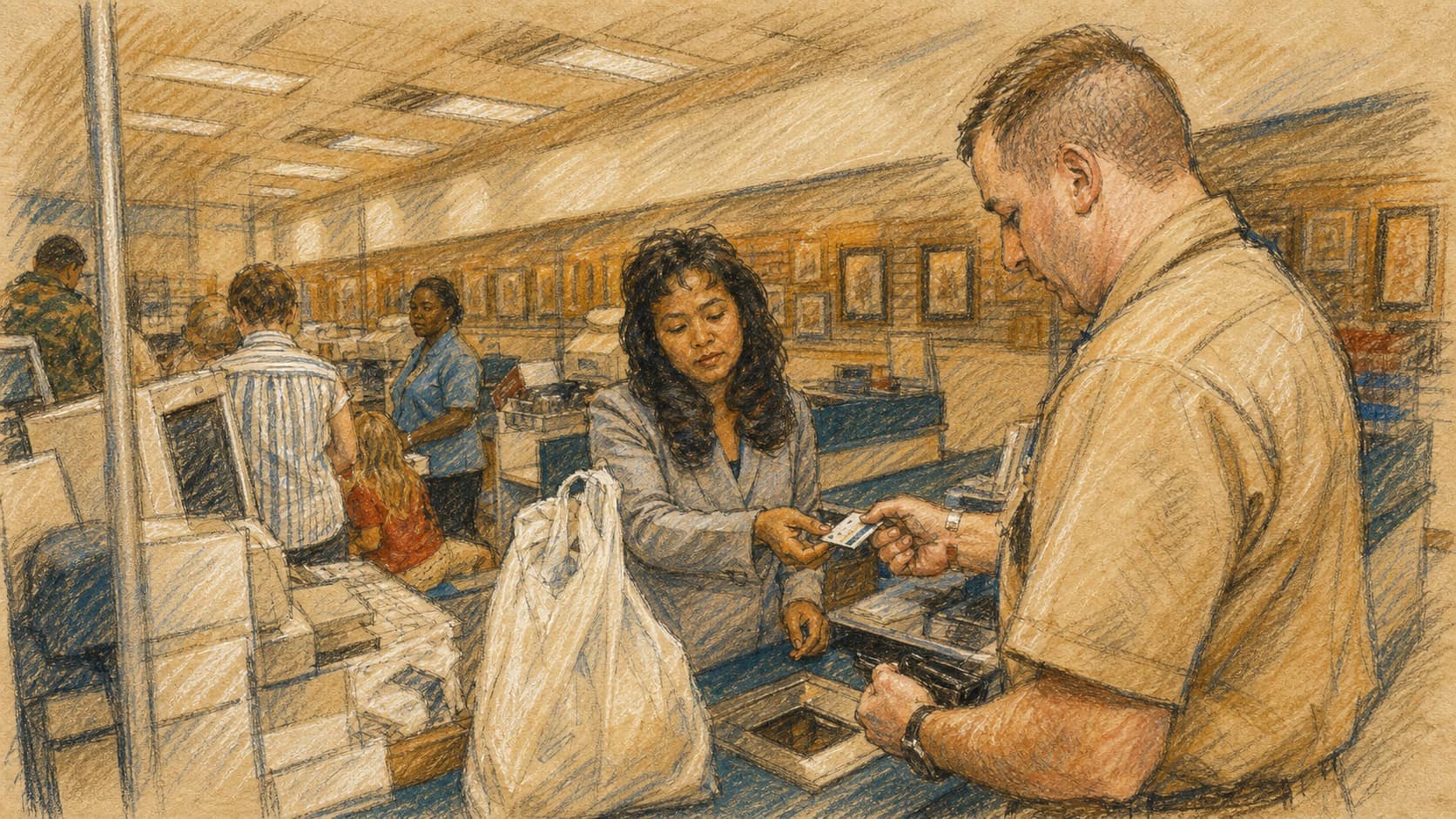 Courtroom-sketch editorial illustration of a customer and cashier exchanging a payment card at a busy retail checkout counter, rendered in warm ochre and slate-blue pastel strokes.