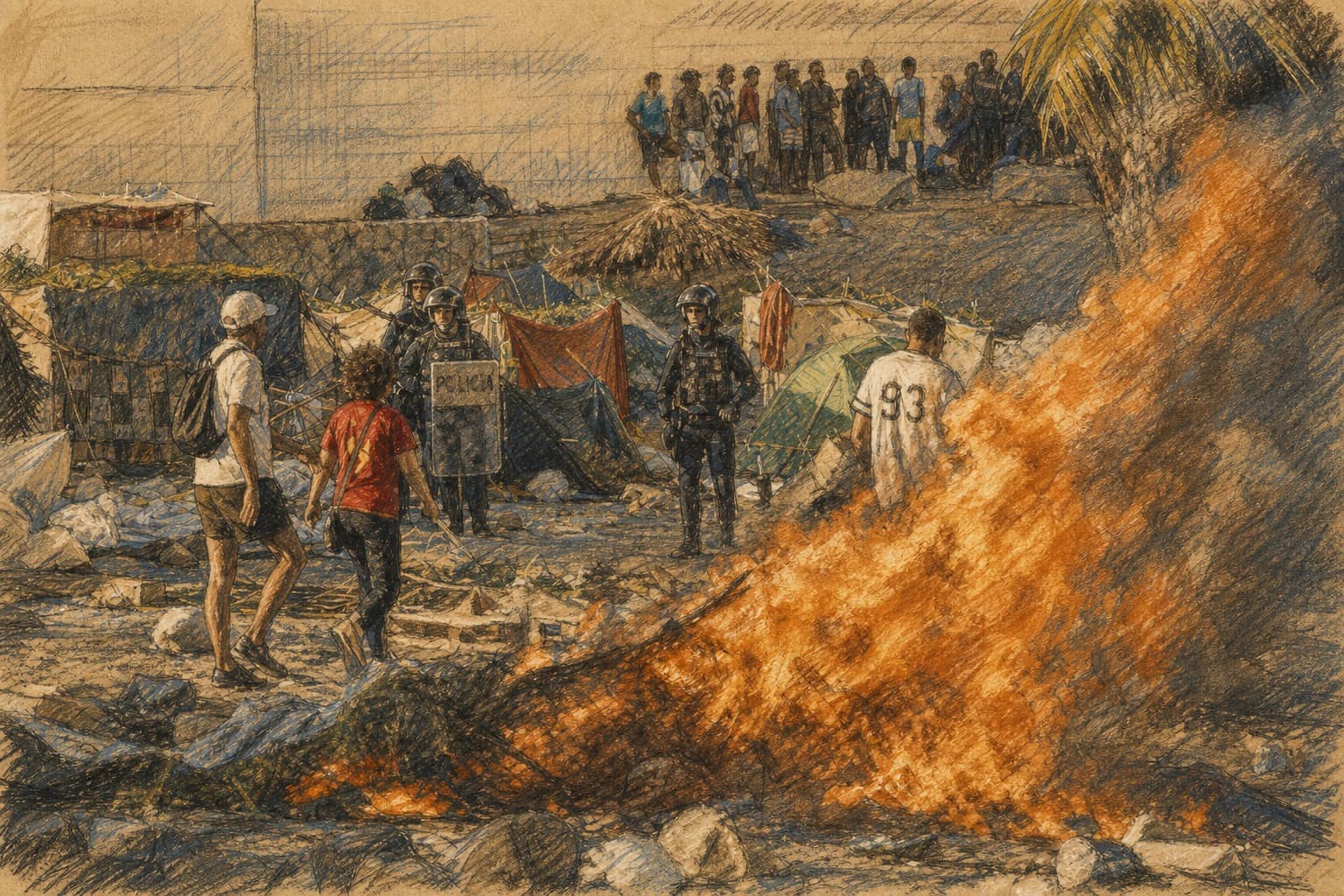 Courtroom-sketch editorial illustration of a fire consuming belongings in the foreground as police and people stand among makeshift tents beneath a gathered crowd, rendered in warm ochre and slate-blue pastel strokes.