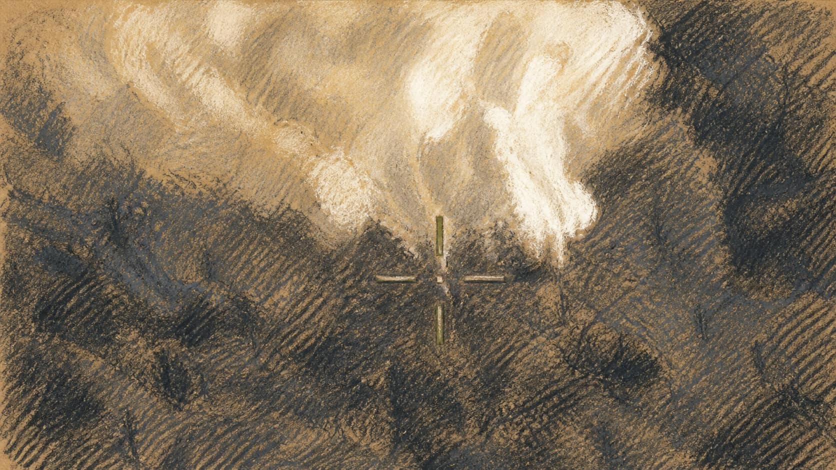 Courtroom-sketch editorial illustration of an aerial view of a white explosion and smoke cloud rising over dark forested terrain, rendered in warm ochre and slate-blue pastel strokes.
