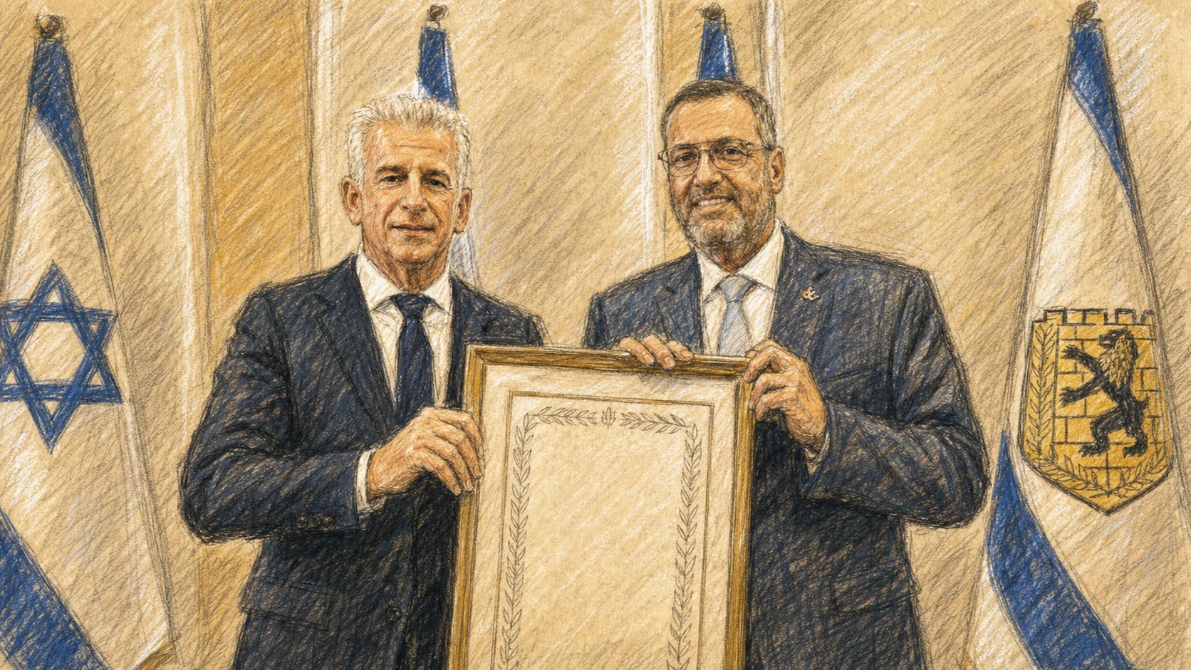 Courtroom-sketch editorial illustration of former Mossad director David Barnea and Jerusalem Mayor Moshe Lion standing together with a framed award and Israeli and Jerusalem flags behind them, rendered in warm ochre and slate-blue pastel strokes.