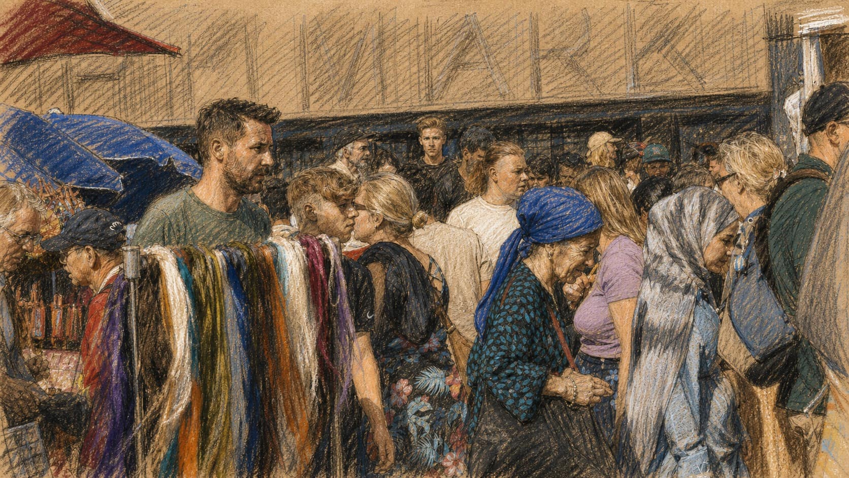 Courtroom-sketch editorial illustration of a dense crowd of shoppers moving through an outdoor market in front of a Berlin department store, with colorful merchandise racks in the foreground, rendered in warm ochre and slate-blue pastel strokes.