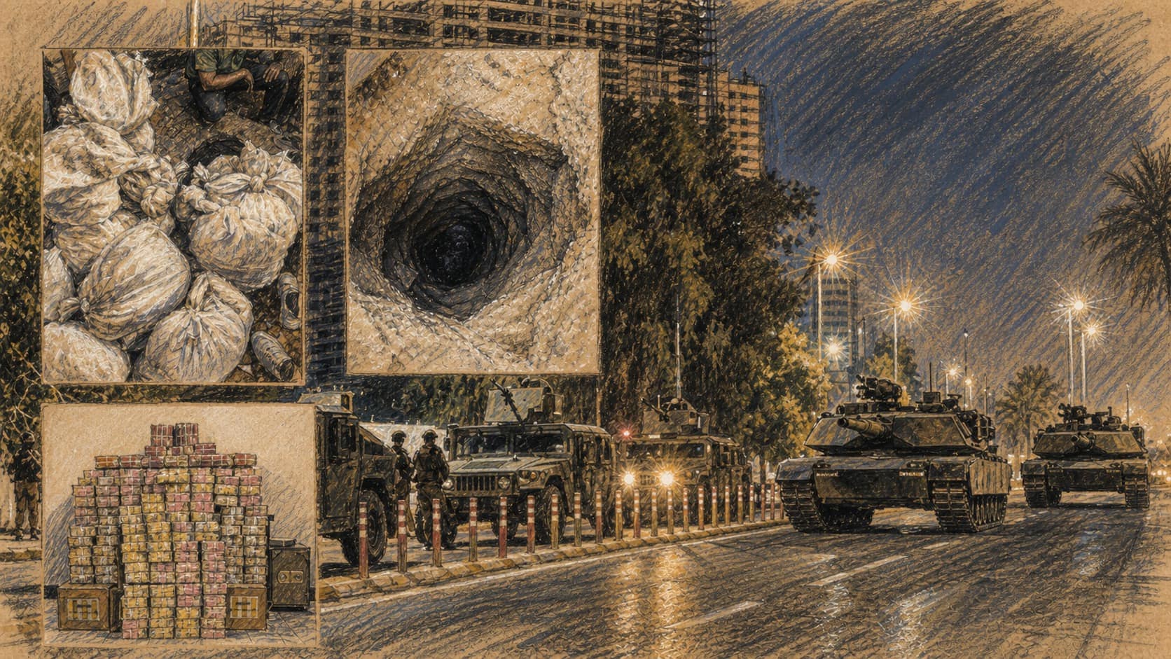Courtroom-sketch editorial illustration of armored vehicles on a palm-lined Baghdad street at night beside inset evidence images of sacks, a deep shaft, and stacked cash, rendered in warm ochre and slate-blue pastel strokes.