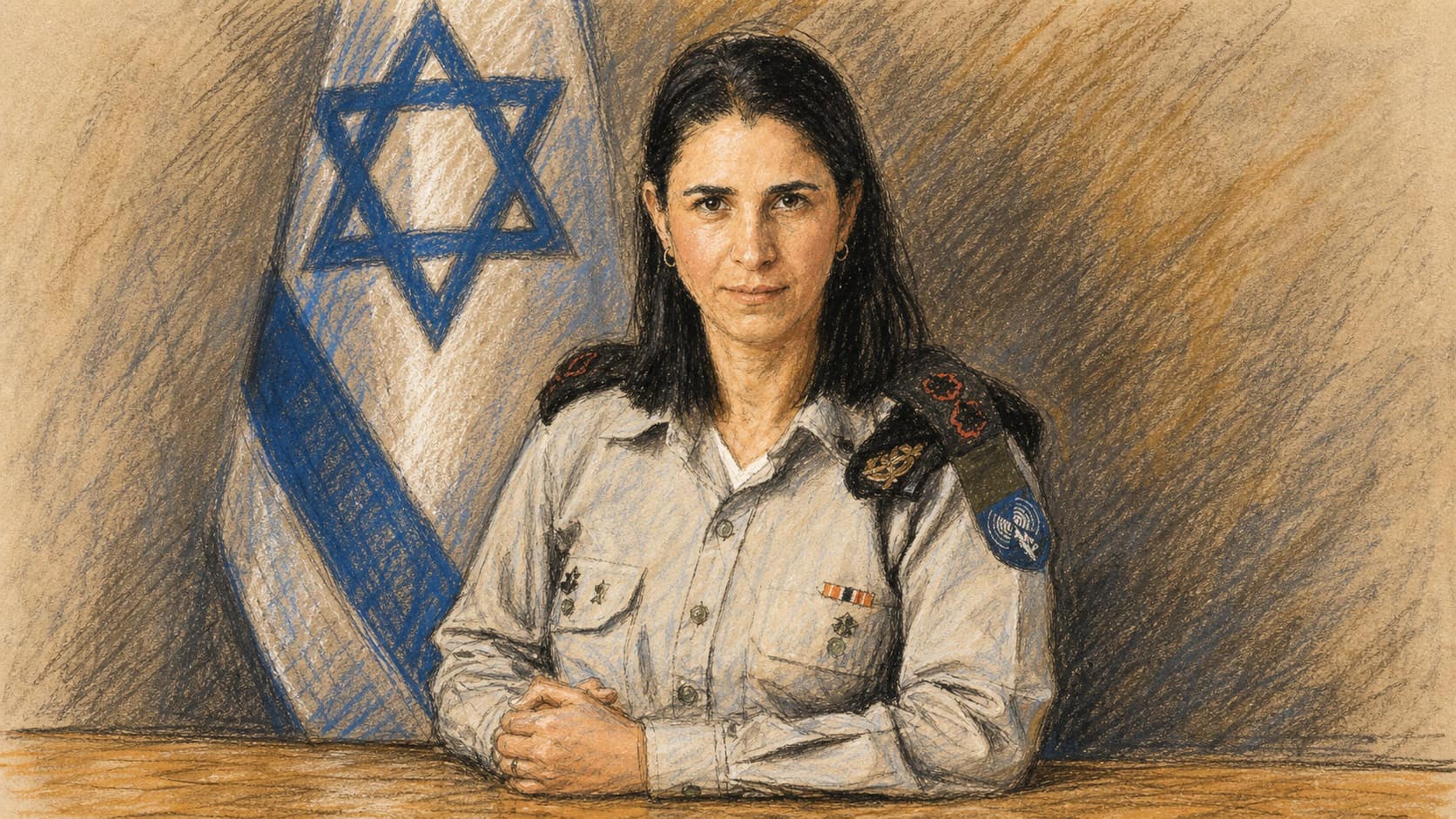 Courtroom-sketch editorial illustration of a uniformed Israeli military spokesperson seated at a wooden table before an Israeli flag, rendered in warm ochre and slate-blue pastel strokes.