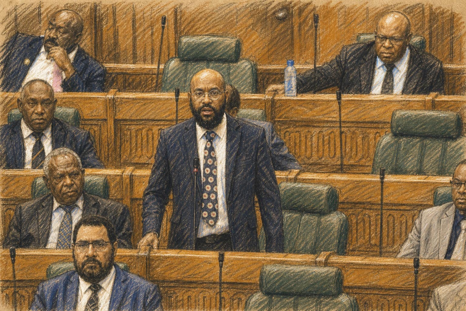Courtroom-sketch editorial illustration of a bespectacled parliamentarian standing to address lawmakers in Papua New Guinea's wood-paneled parliamentary chamber, rendered in warm ochre and slate-blue pastel strokes.