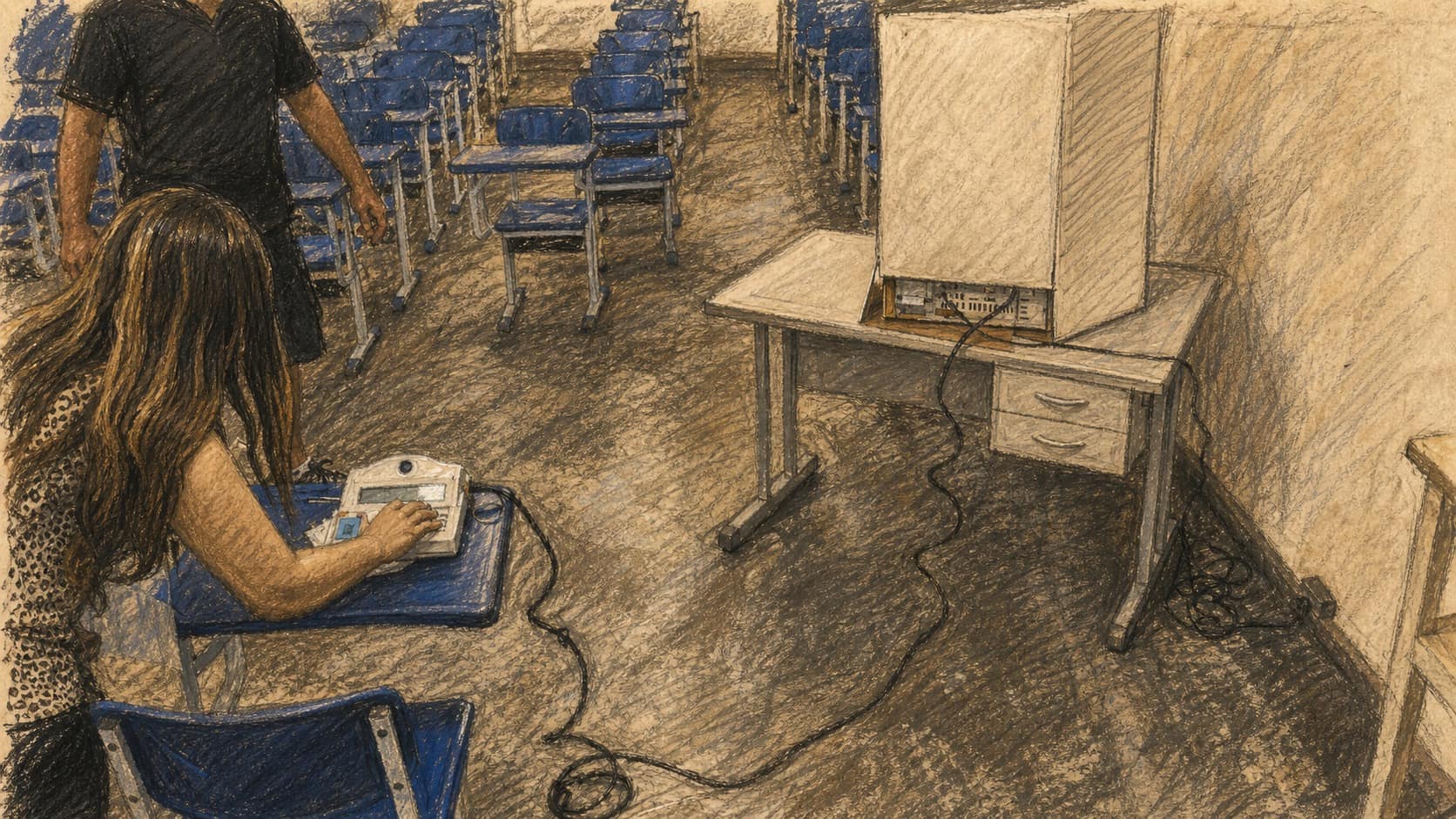 Courtroom-sketch editorial illustration of an election worker operating a polling-station terminal beside rows of blue chairs and a cardboard voting booth, rendered in warm ochre and slate-blue pastel strokes.