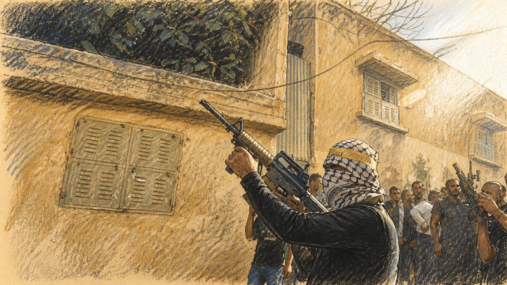 Courtroom-sketch editorial illustration of a masked armed man raising a rifle while walking through a narrow Jenin street, with a crowd and additional armed figures behind him, rendered in warm ochre and slate-blue pastel strokes.