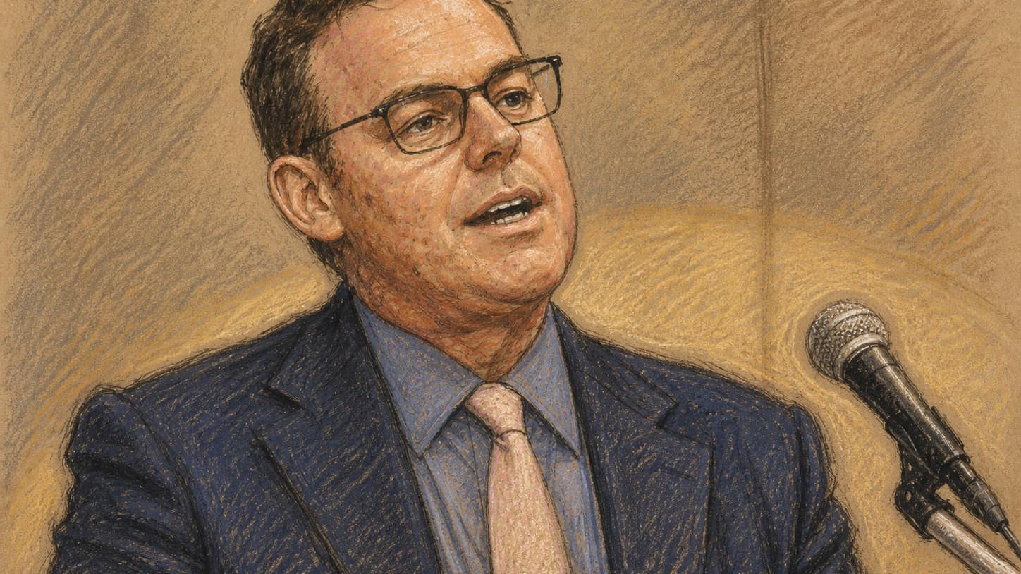 Courtroom-sketch editorial illustration of Mike Newman in a navy suit and pale tie speaking beside a microphone, rendered in warm ochre and slate-blue pastel strokes.