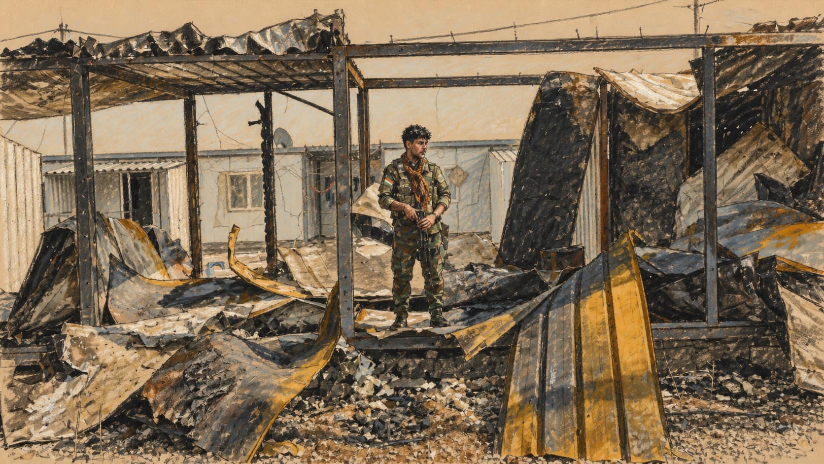 Courtroom-sketch editorial illustration of a uniformed Peshmerga fighter standing amid the charred wreckage and exposed steel frame of a destroyed building, rendered in warm ochre and slate-blue pastel strokes.