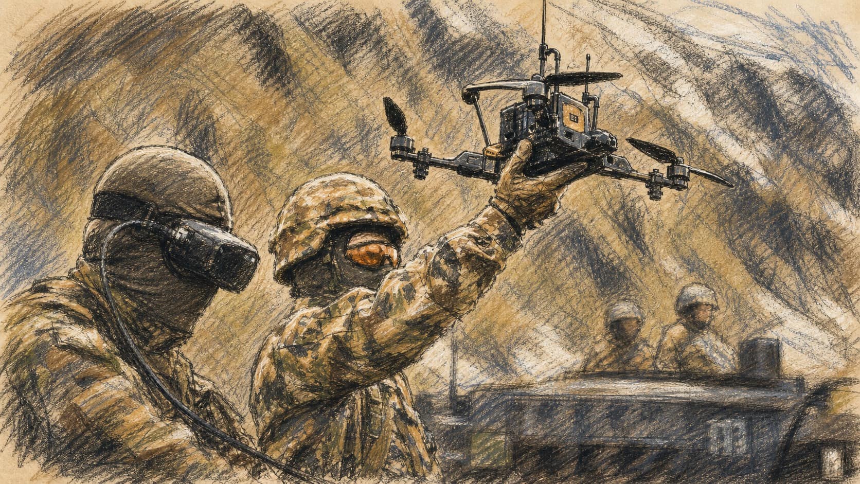 Courtroom-sketch editorial illustration of two Swiss soldiers in camouflage, one raising a small quadcopter drone above his head beside a military vehicle, rendered in warm ochre and slate-blue pastel strokes.