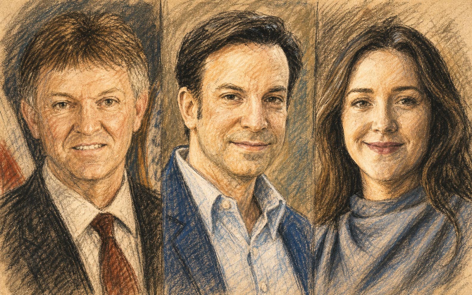 Courtroom-sketch editorial illustration of three Stars and Stripes journalists shown in a side-by-side portrait triptych, rendered in warm ochre and slate-blue pastel strokes.