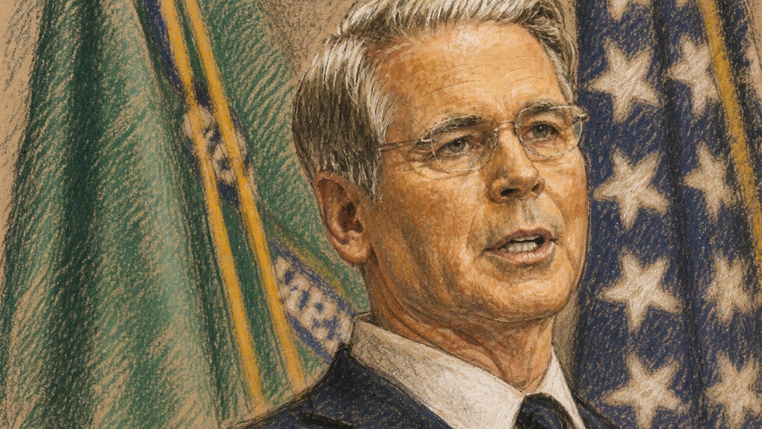 Courtroom-sketch editorial illustration of U.S. Treasury Secretary Scott Bessent speaking in front of the U.S. and Treasury flags, rendered in warm ochre and slate-blue pastel strokes.