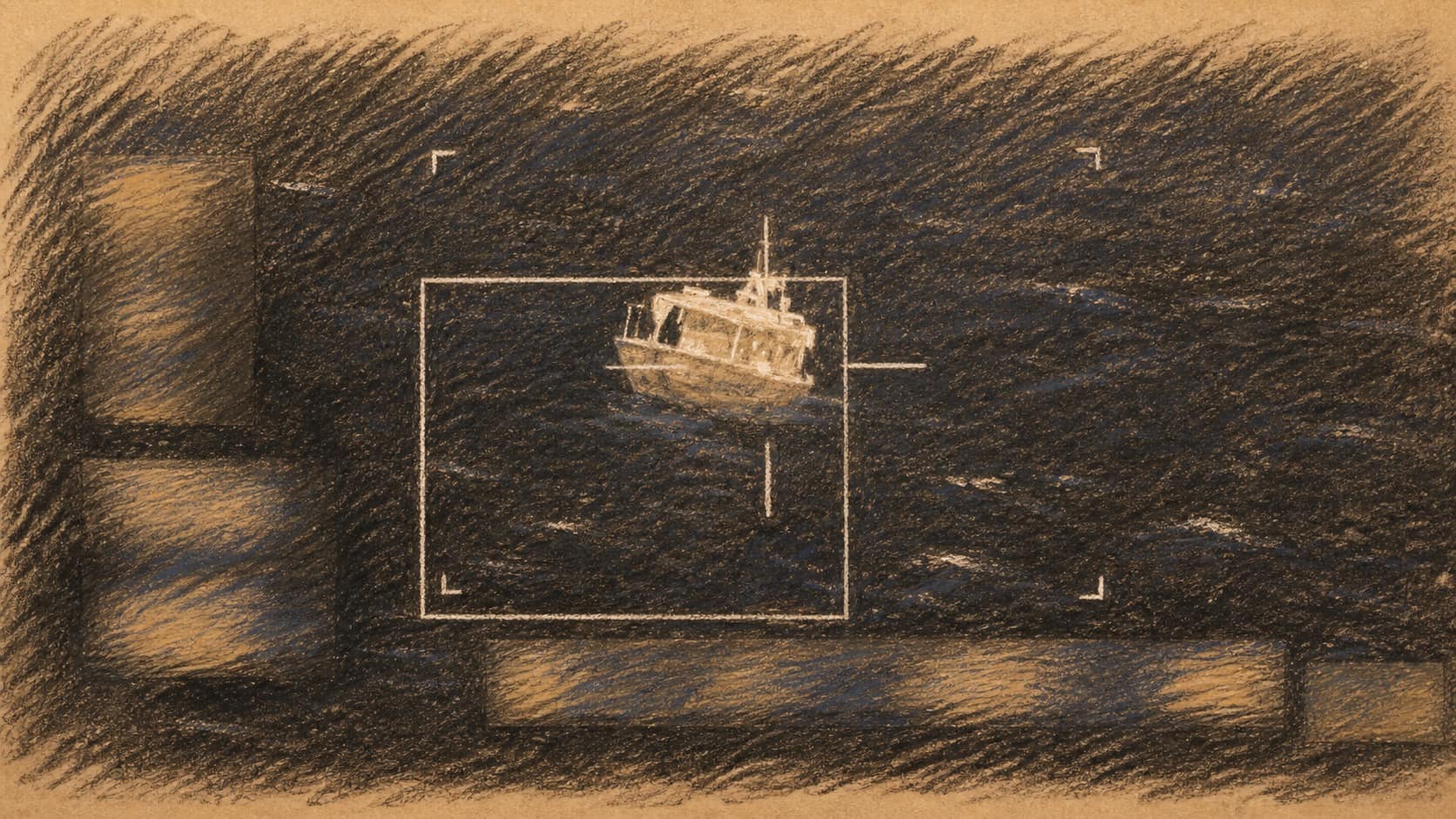 Courtroom-sketch editorial illustration of a small motorboat on dark open water centered inside a surveillance tracking reticle, rendered in warm ochre and slate-blue pastel strokes.