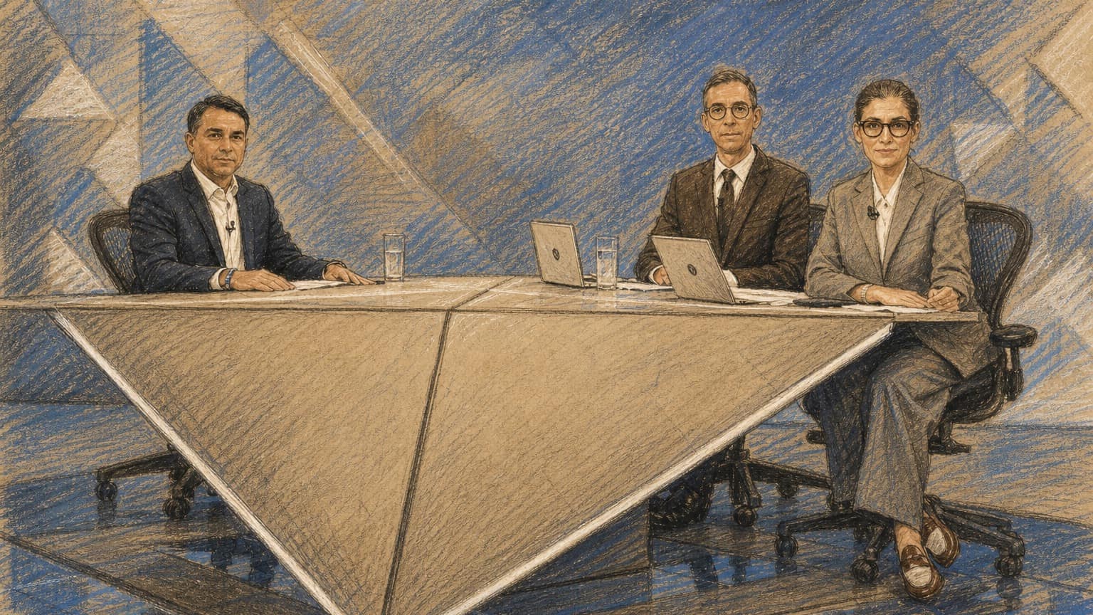 Courtroom-sketch editorial illustration of Flávio Bolsonaro seated across a large angular television studio desk from two news anchors, rendered in warm ochre and slate-blue pastel strokes.