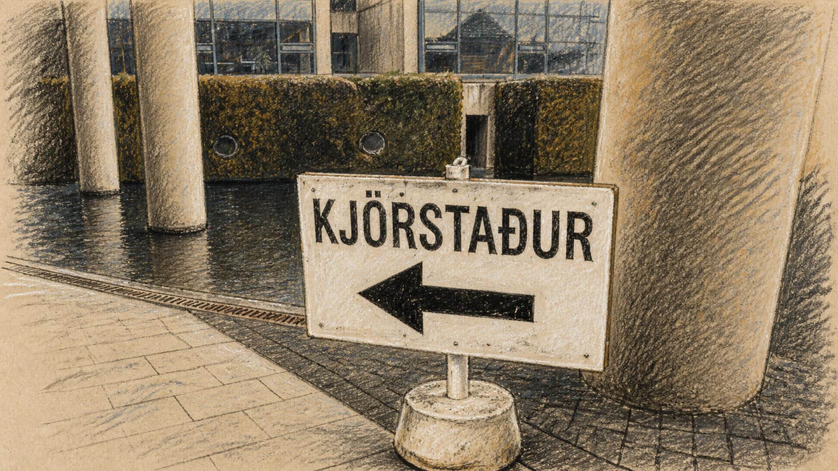 Courtroom-sketch editorial illustration of an Icelandic polling-station direction sign in a rain-darkened civic courtyard, rendered in warm ochre and slate-blue pastel strokes.