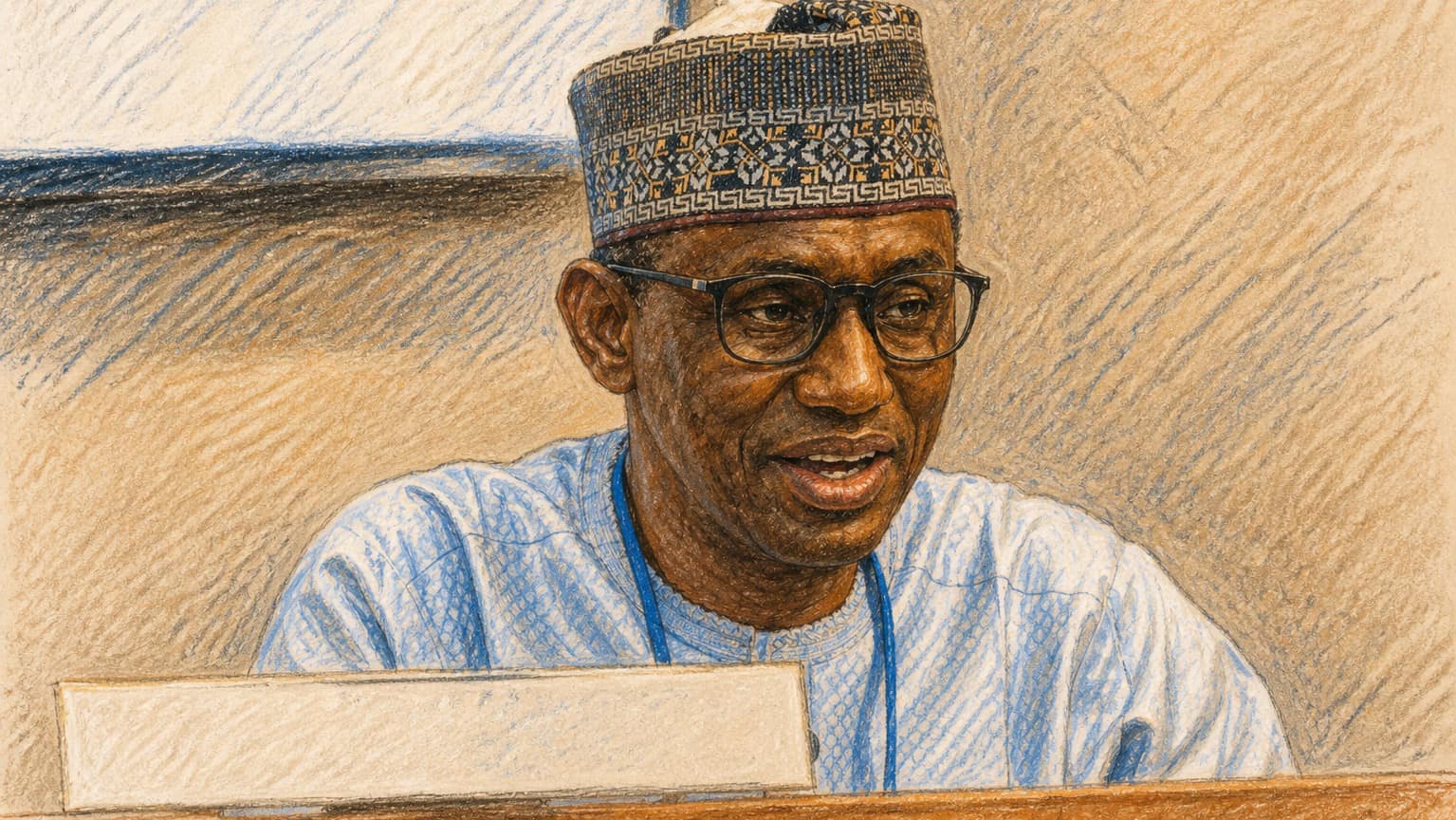 Courtroom-sketch editorial illustration of Nigerian national security adviser Nuhu Ribadu speaking at a conference table in a patterned cap and pale-blue traditional clothing, rendered in warm ochre and slate-blue pastel strokes.