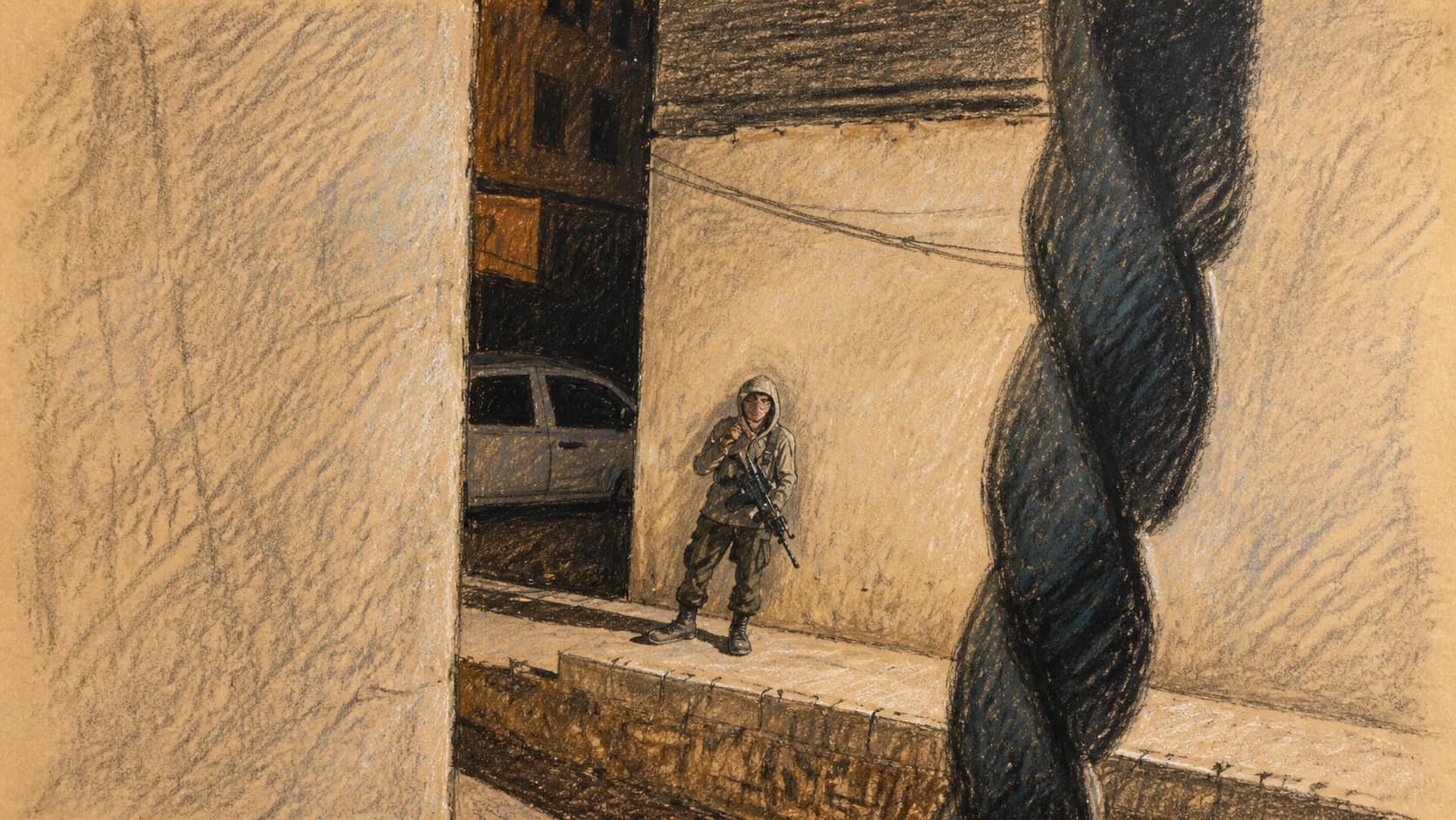 Courtroom-sketch editorial illustration of a masked armed man standing in a narrow courtyard between concrete buildings at night, viewed through a gap between foreground walls, rendered in warm ochre and slate-blue pastel strokes.