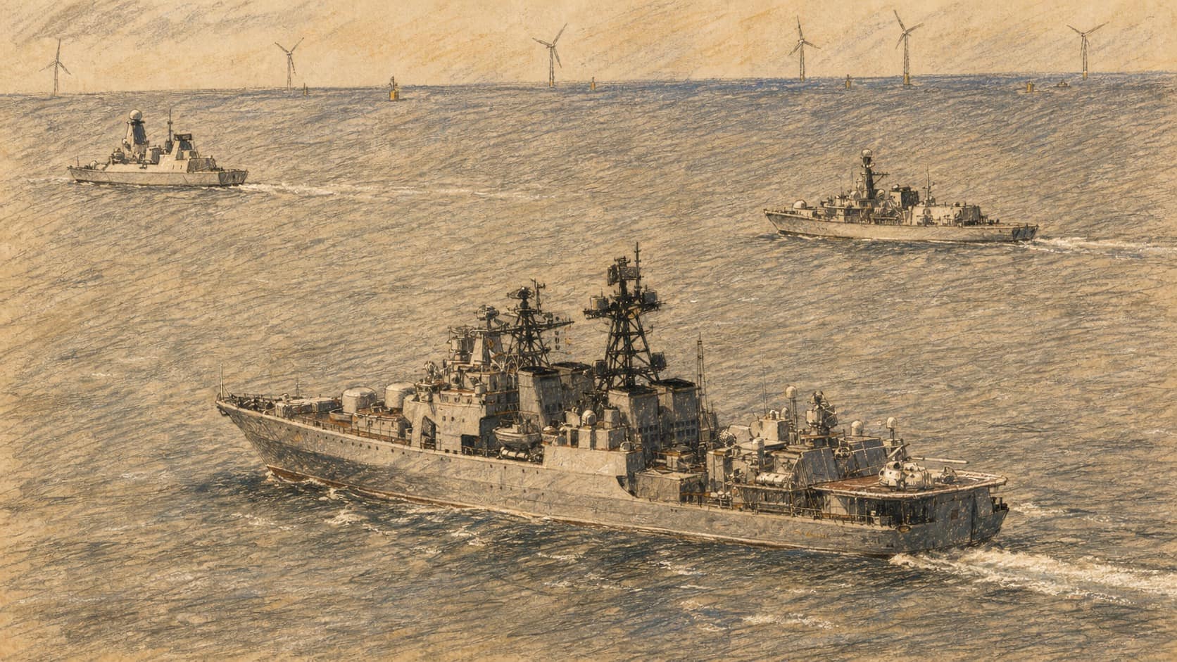 Courtroom-sketch editorial illustration of a Russian warship shadowed at sea by two Royal Navy patrol vessels beneath an offshore wind-turbine horizon, rendered in warm ochre and slate-blue pastel strokes.