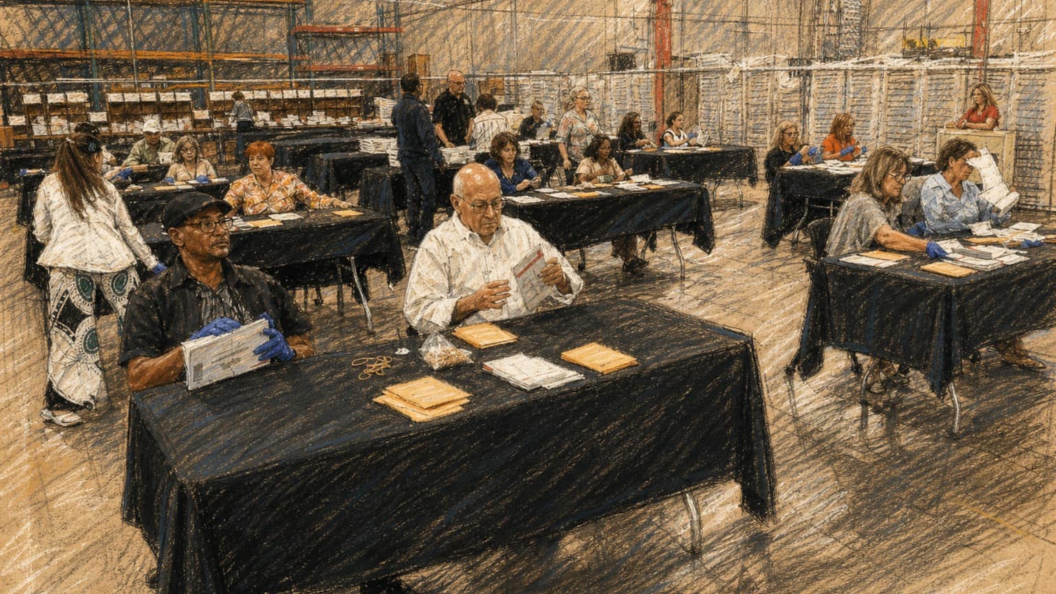 Courtroom-sketch editorial illustration of election workers sorting and checking mail ballots at black-covered tables inside a large counting facility, rendered in warm ochre and slate-blue pastel strokes.