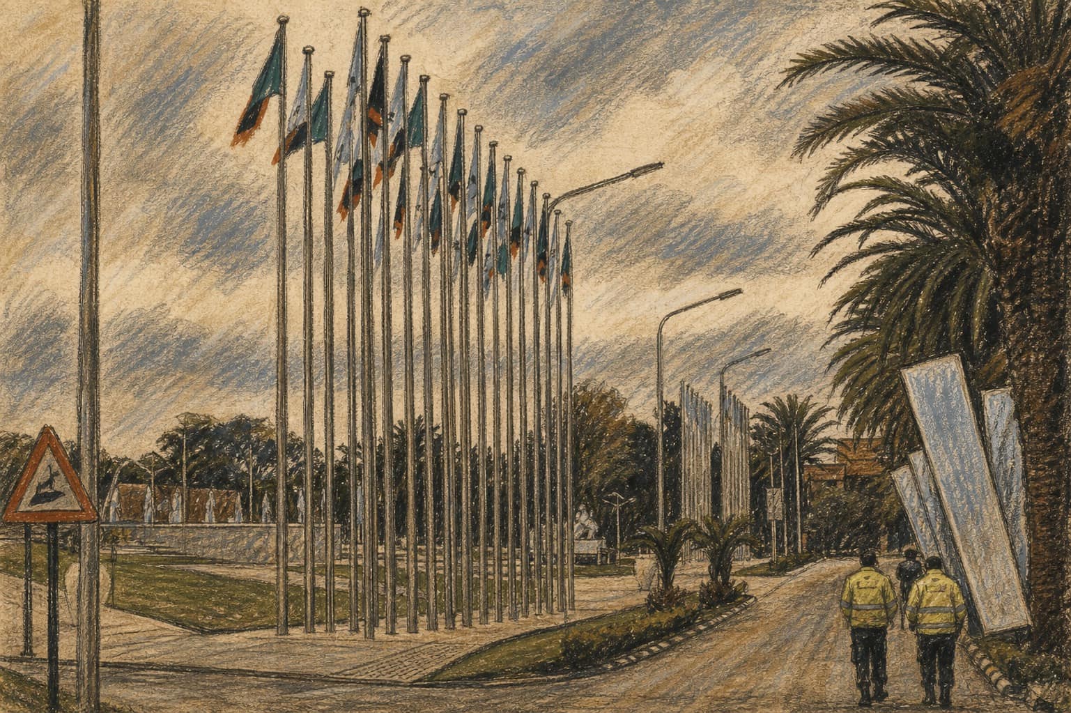 Courtroom-sketch editorial illustration of flagpoles outside Zambia's national election results center, with two security officers walking beside toppled election signage, rendered in warm ochre and slate-blue pastel strokes.