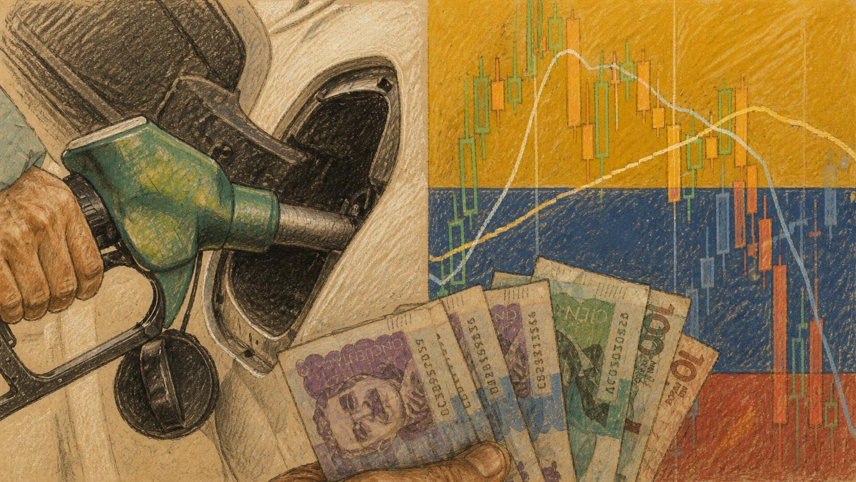 Courtroom-sketch editorial illustration of a hand holding a green fuel nozzle at a white vehicle beside Colombian-peso banknotes and a price chart over Colombia's yellow, blue and red flag, rendered in warm ochre and slate-blue pastel strokes.