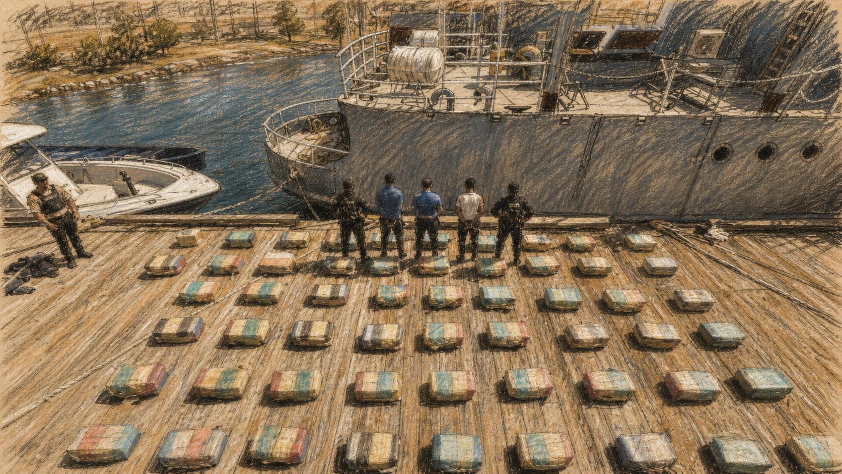 Courtroom-sketch editorial illustration of dozens of seized packages displayed in rows on a dock, with detainees and officials standing beneath a patrol vessel, rendered in warm ochre and slate-blue pastel strokes.