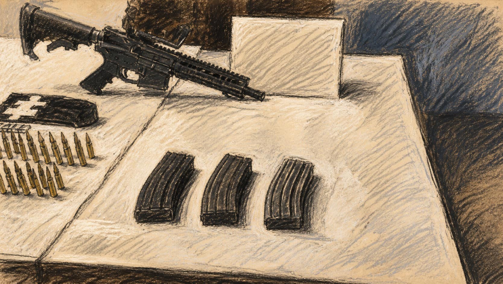 Courtroom-sketch editorial illustration of a seized rifle, three magazines and rows of ammunition displayed on an evidence table.
