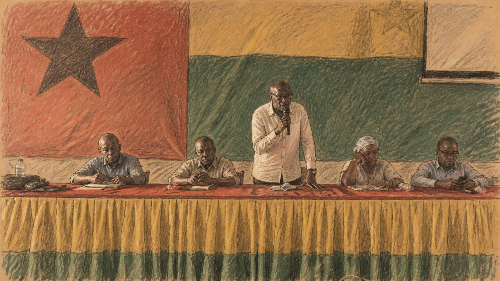 Courtroom-sketch editorial illustration of a central speaker addressing a panel flanked by four seated officials before Guinea-Bissau's red, yellow and green colors, rendered in warm ochre and slate-blue pastel strokes.