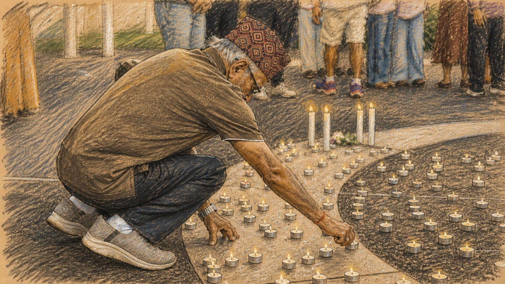 Courtroom-sketch editorial illustration of an older man wearing a patterned Nepalese topi crouching to arrange tea-light candles at an outdoor memorial, rendered in warm ochre and slate-blue pastel strokes.