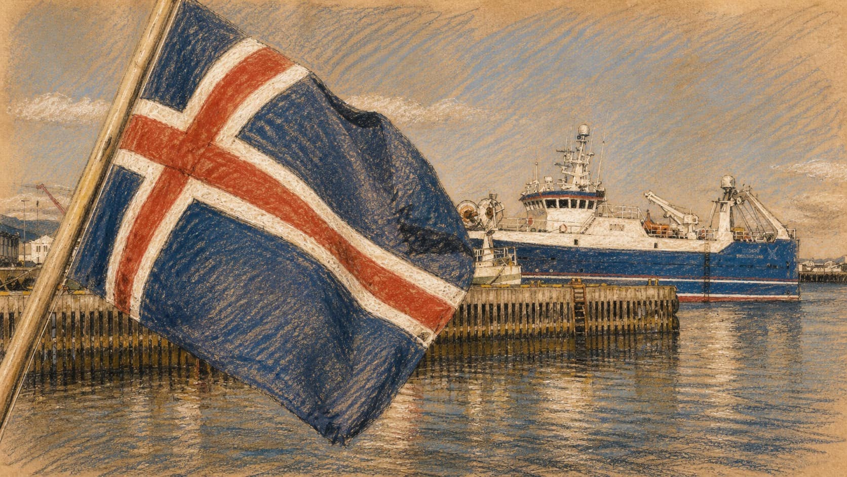 Courtroom-sketch editorial illustration of an Icelandic flag waving beside Reykjavik Harbor with a blue-and-white fishing vessel in the background, rendered in warm ochre and slate-blue pastel strokes.