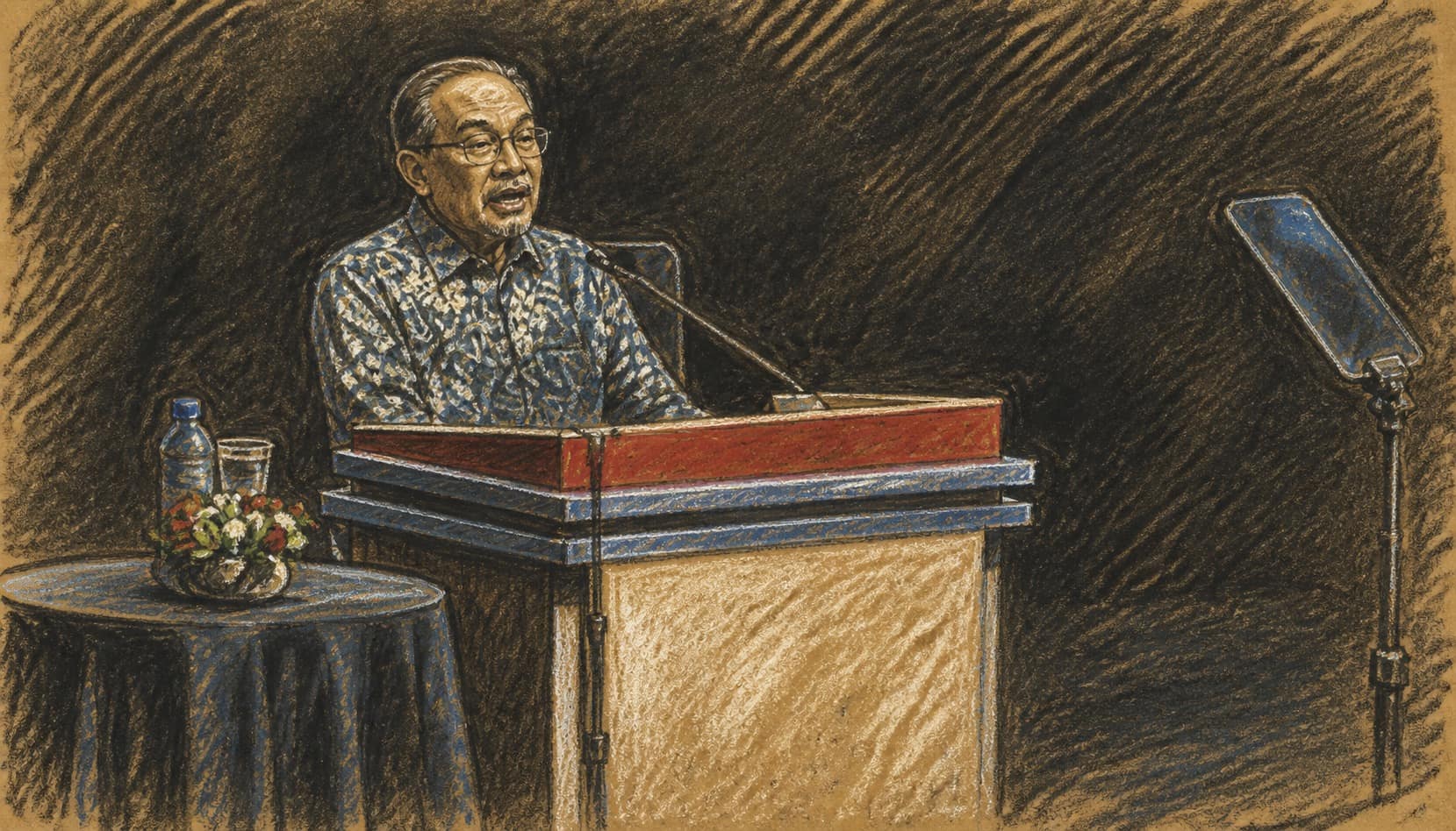 Courtroom-sketch editorial illustration of Malaysian Prime Minister Anwar Ibrahim speaking at a podium on a dark stage beside a table and teleprompter, rendered in warm ochre and slate-blue pastel strokes.