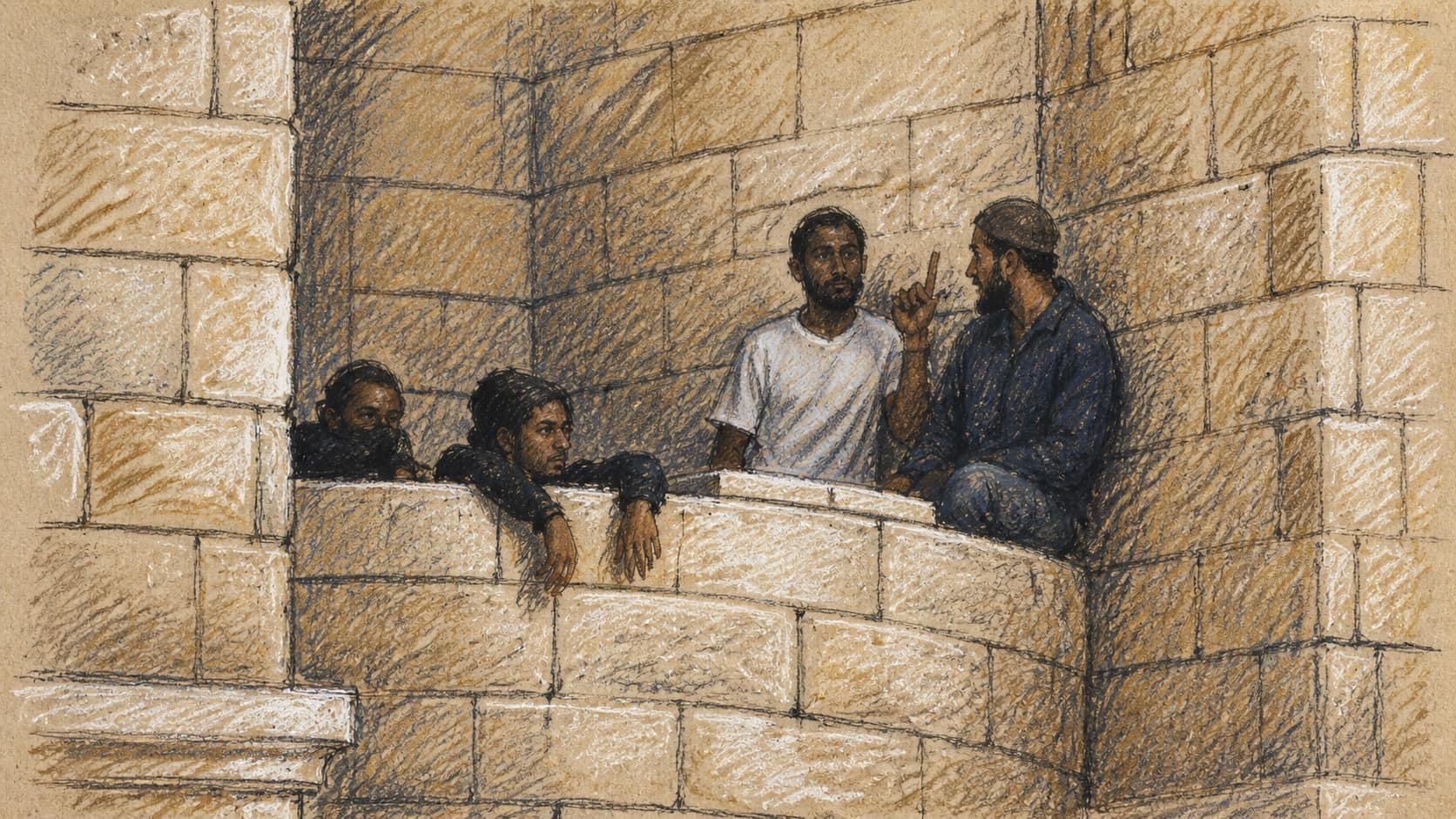 Courtroom-sketch editorial illustration of four men gathered on and behind the parapet of an unfinished pale-stone balcony, rendered in warm ochre and slate-blue pastel strokes.