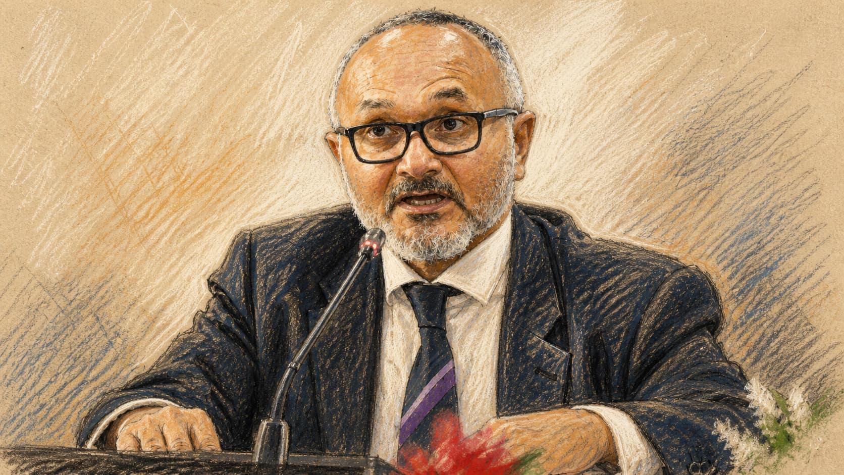 Courtroom-sketch editorial illustration of Prime Minister Matthew Wale speaking into a gooseneck microphone at a formal desk, rendered in warm ochre and slate-blue pastel strokes.