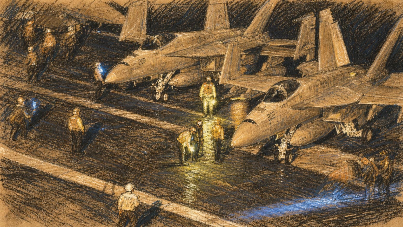 Courtroom-sketch editorial illustration of two fighter jets parked side by side on an illuminated aircraft-carrier flight deck at night with deck crew around them, rendered in warm ochre and slate-blue pastel strokes.