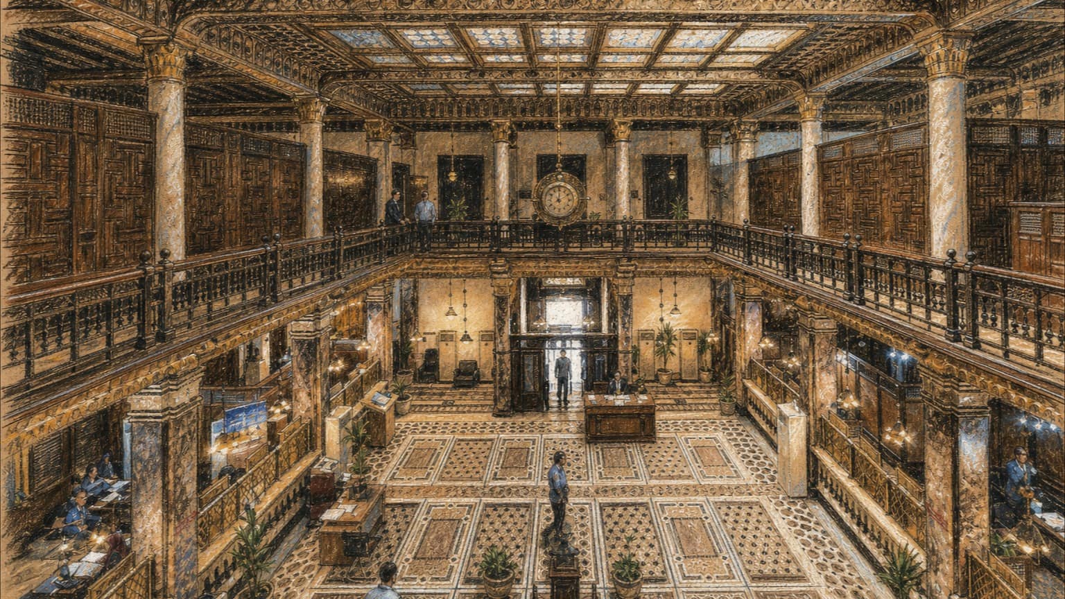 Courtroom-sketch editorial illustration of the ornate two-level interior hall of Banque Misr's historic Cairo building, rendered in warm ochre and slate-blue pastel strokes.