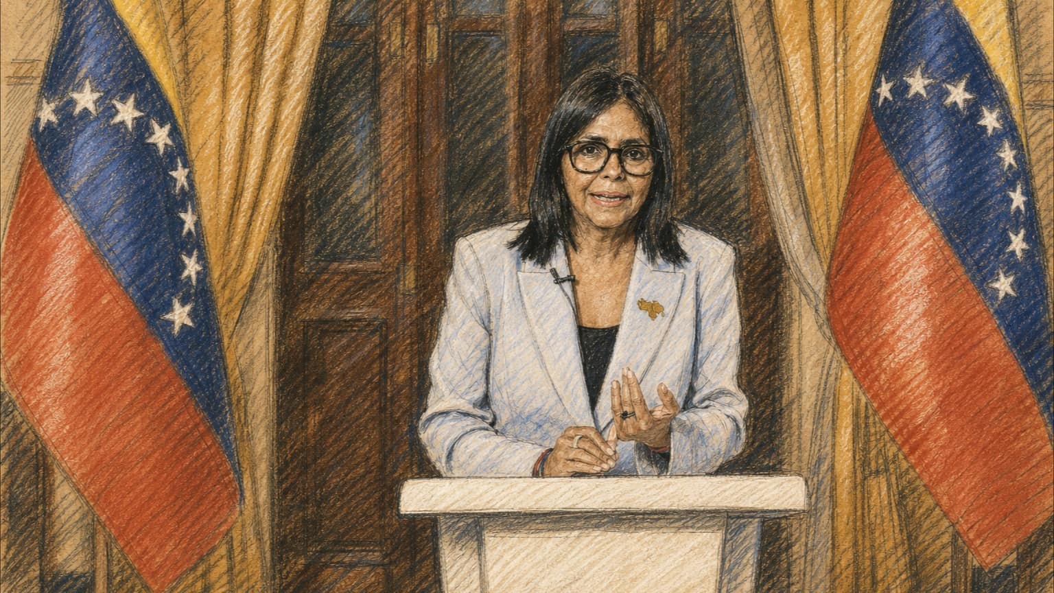 Courtroom-sketch editorial illustration of Delcy Rodríguez speaking behind a presidential lectern between two Venezuelan flags and gold curtains, rendered in warm ochre and slate-blue pastel strokes.