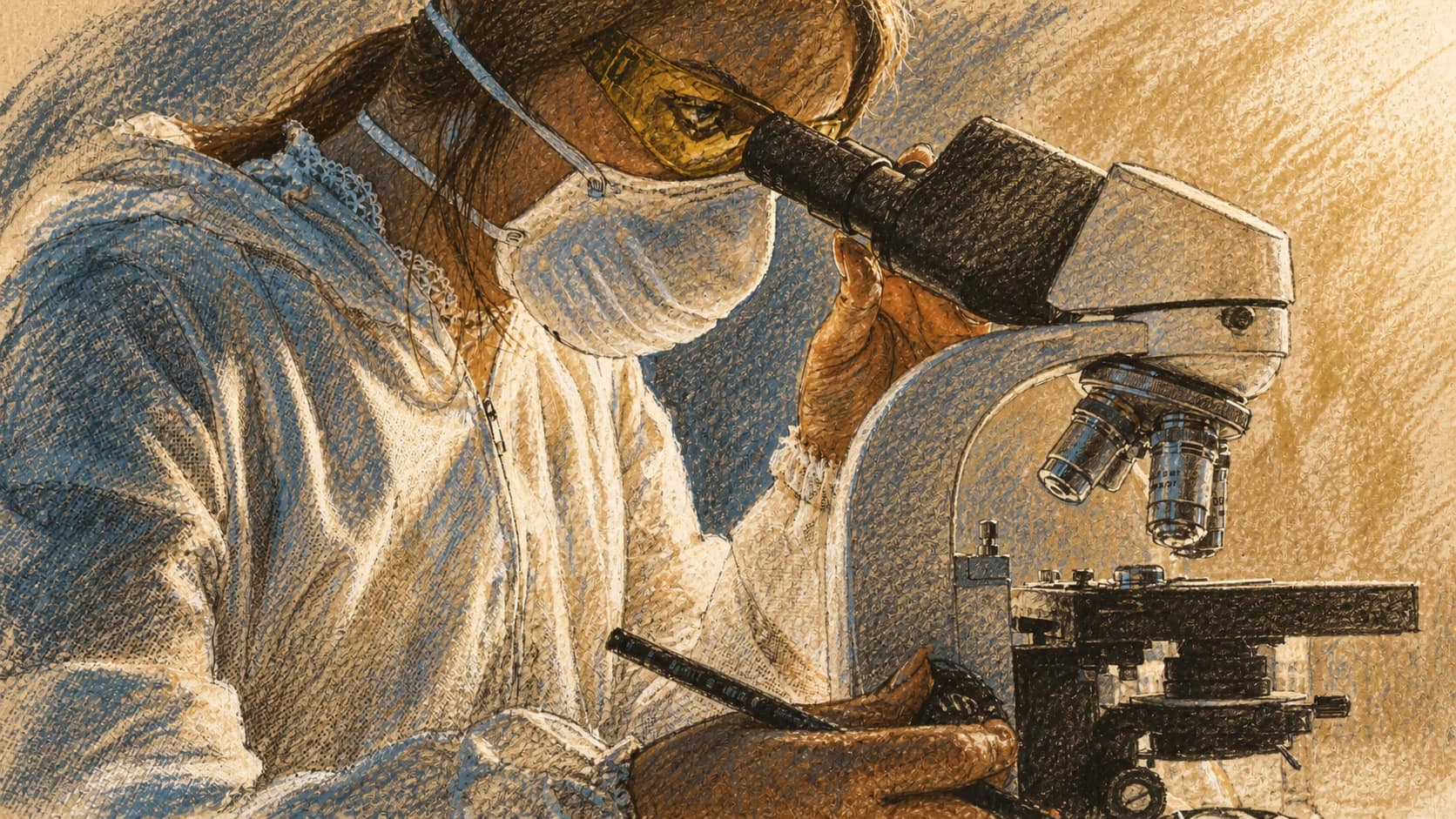 Courtroom-sketch editorial illustration of a masked laboratory researcher looking through a microscope while taking notes, rendered in warm ochre and slate-blue pastel strokes.