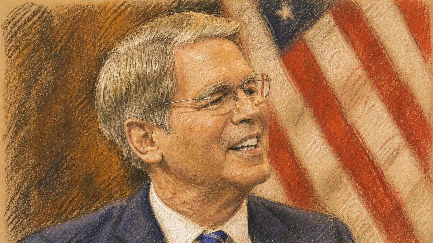 Courtroom-sketch editorial illustration of Scott Bessent smiling in glasses and a navy suit beside an American flag, rendered in warm ochre and slate-blue pastel strokes.