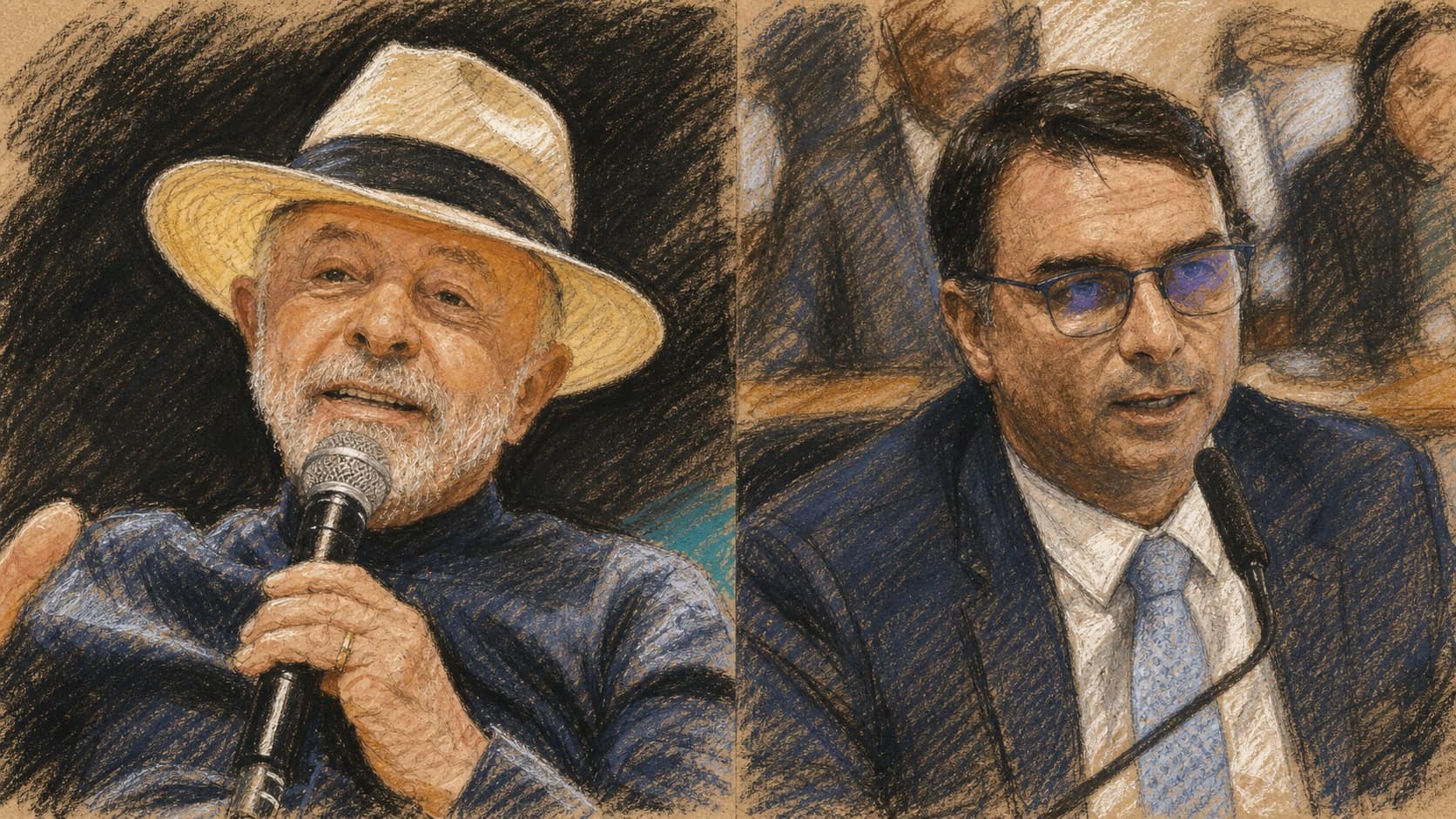 Courtroom-sketch editorial illustration of Luiz Inácio Lula da Silva in a light hat speaking into a handheld microphone beside Flávio Bolsonaro in a dark suit and glasses speaking at a committee microphone, rendered in warm ochre and slate-blue pastel strokes.