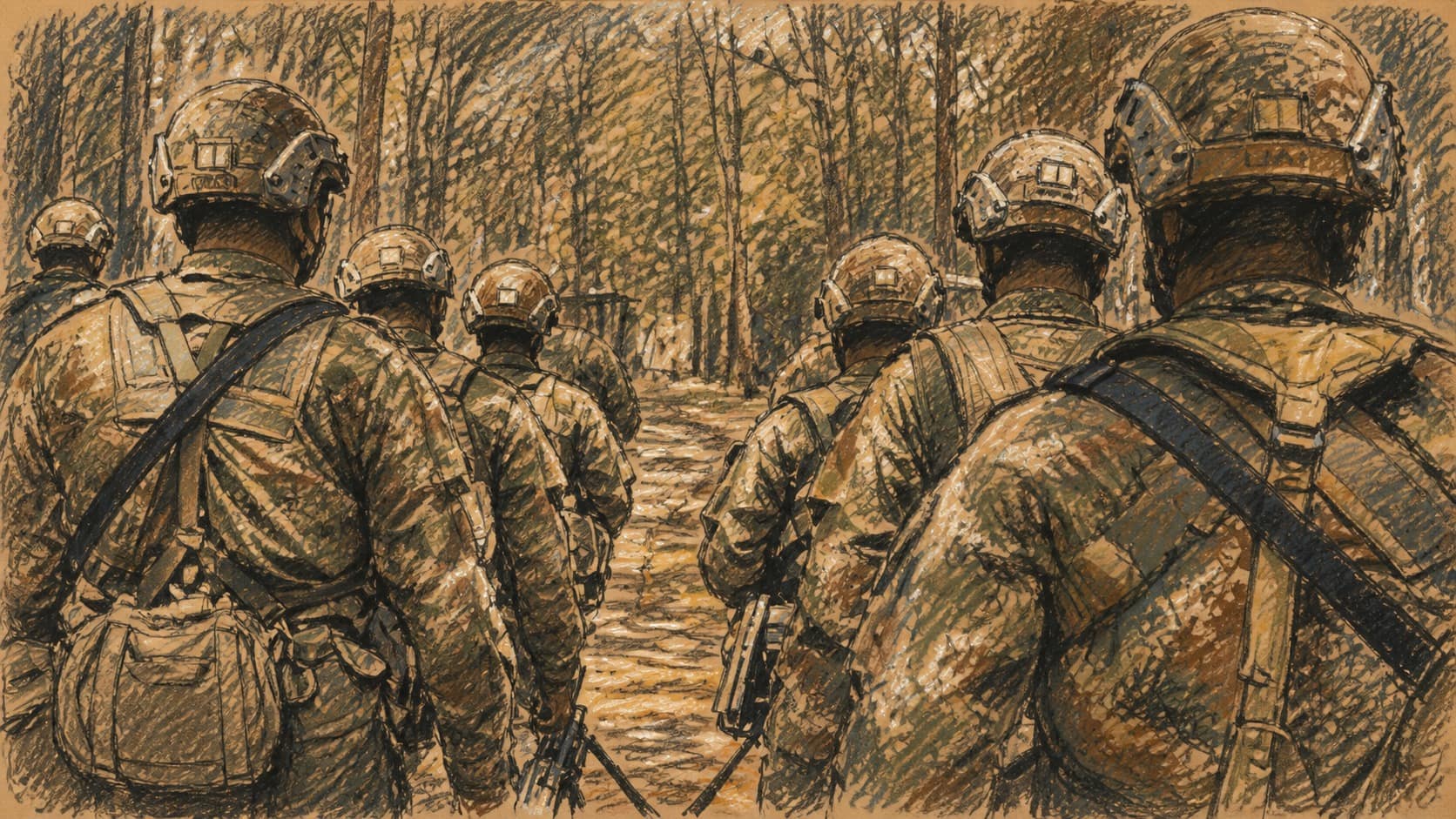 Courtroom-sketch editorial illustration of a column of Colombian soldiers walking through dense forest, rendered in warm ochre and slate-blue pastel strokes.