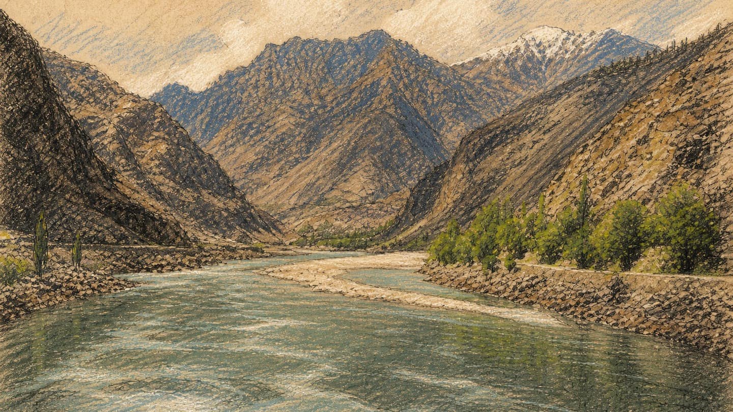 Courtroom-sketch editorial illustration of the turquoise Indus River flowing between steep rocky Himalayan slopes, with green trees along the bank and distant rugged peaks, rendered in warm ochre and slate-blue pastel strokes.