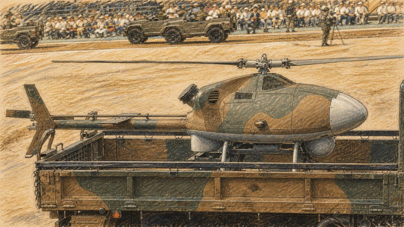 Courtroom-sketch editorial illustration of a Japanese Ground Self-Defense Force reconnaissance drone mounted on a camouflaged military truck during a public parade, rendered in warm ochre and slate-blue pastel strokes.