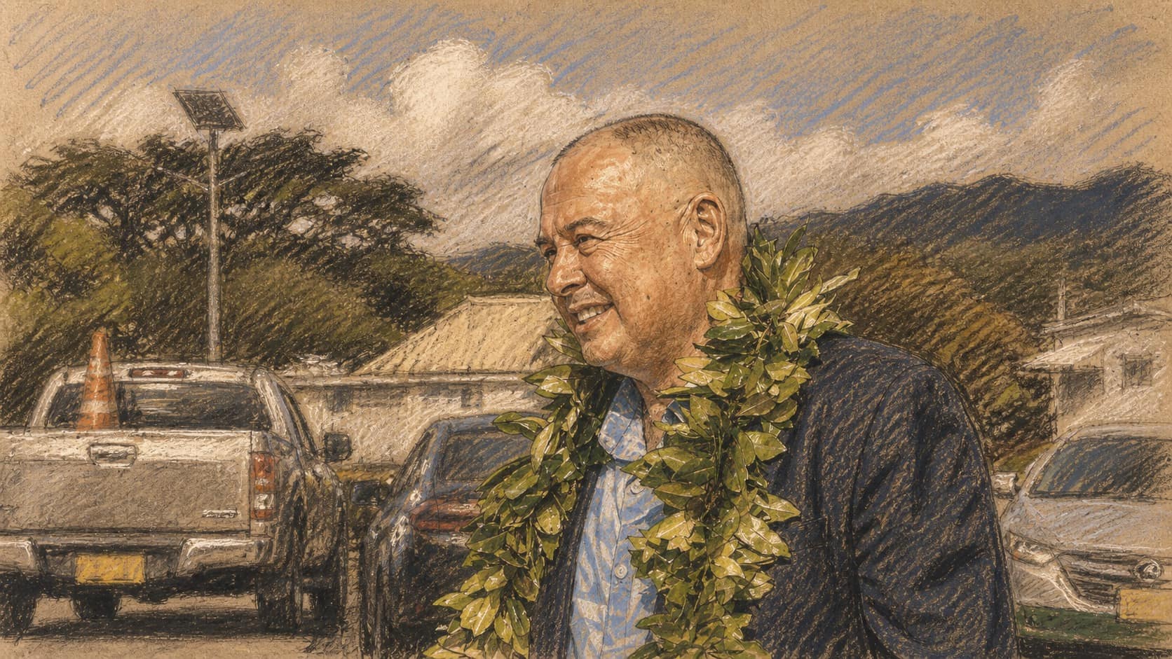 Courtroom-sketch editorial illustration of a Pacific Island leader wearing a green leaf garland and dark suit outdoors with vehicles, tropical trees, and distant hills behind him, rendered in warm ochre and slate-blue pastel strokes.