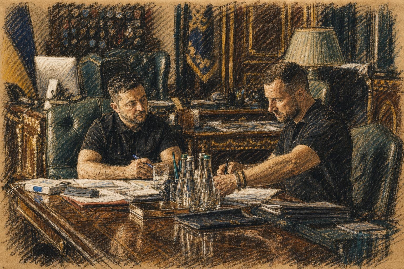 Courtroom-sketch editorial illustration of President Volodymyr Zelensky and an adviser seated across a dark polished desk reviewing documents in a government office, rendered in warm ochre and slate-blue pastel strokes.